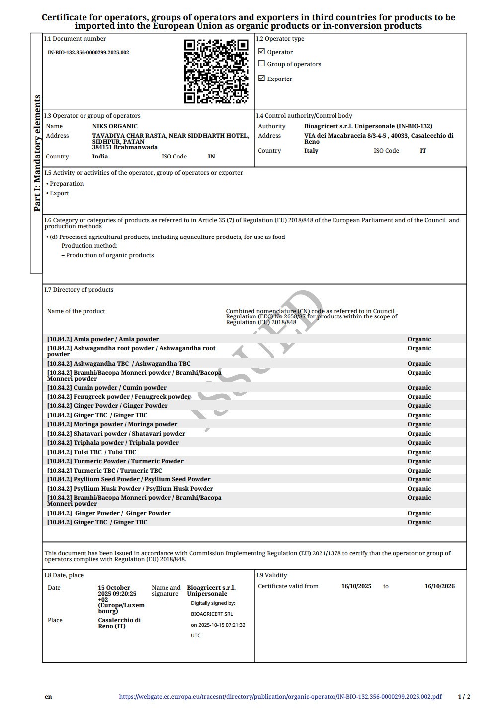 EU Organic Certificate