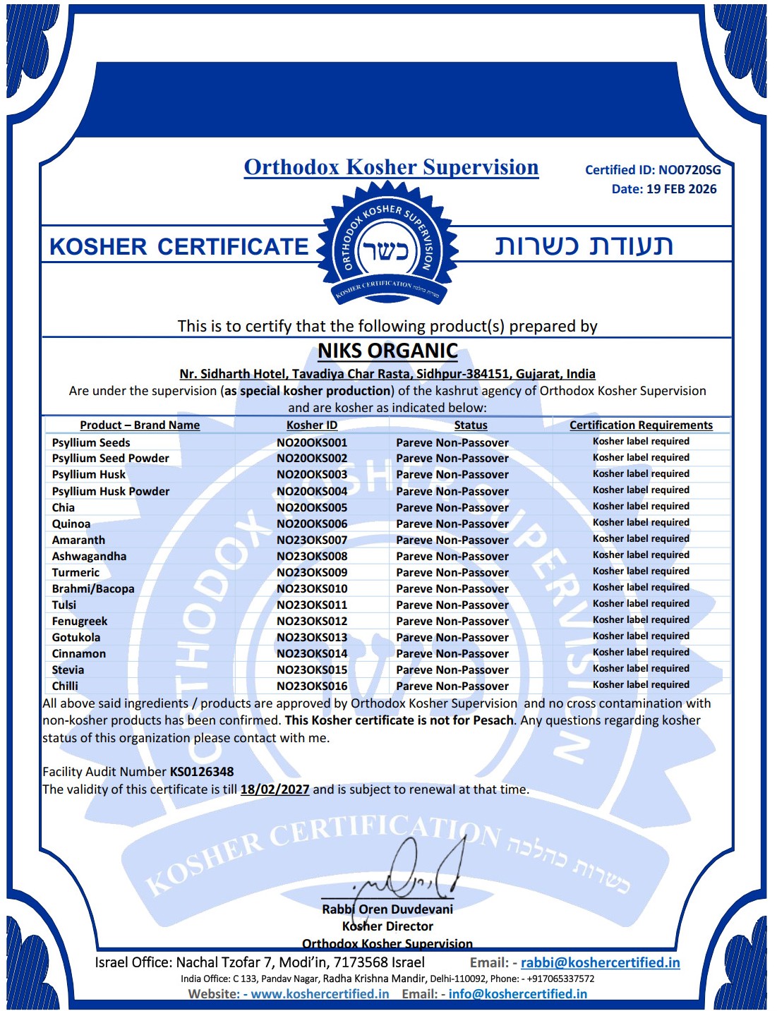 KOSHER Certificate