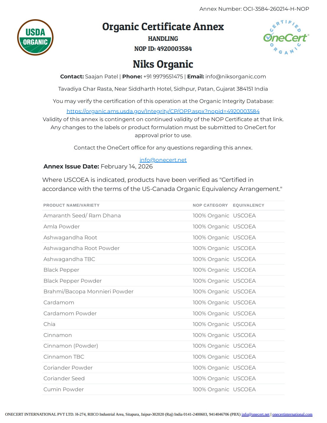 USDA Certificate